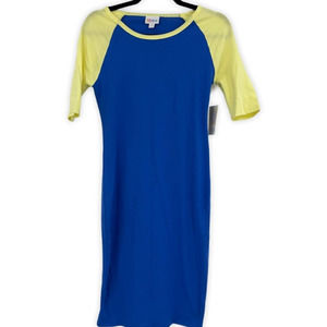 Lularoe Julia Womens Raglan Dress Sporty Yellow Blue XS NEW
